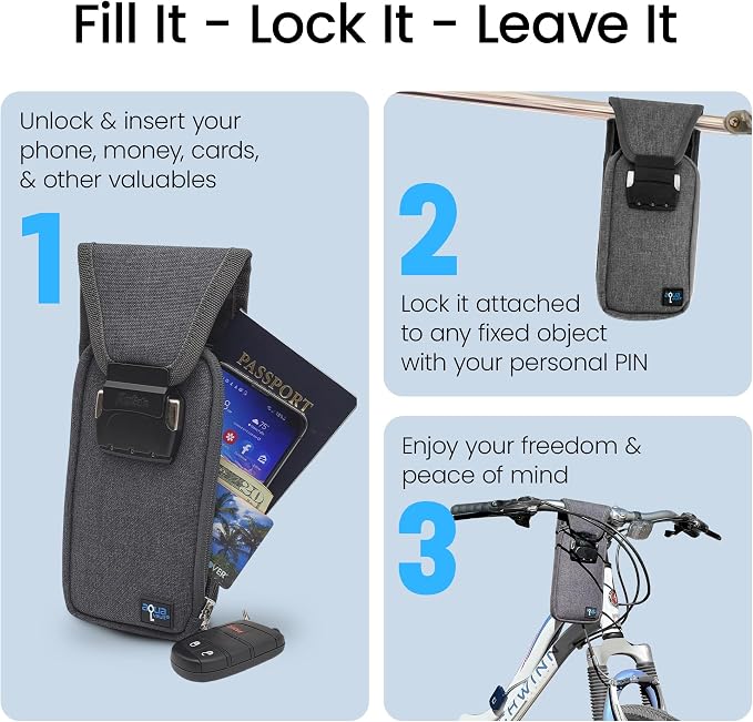 Mini Portable Travel Safe Anti-Theft Lock Box Beach Pool Hotel Gym | Grey mini safe in cut-resistant nylon. Water-resistant with RFID blocking. For phones and valuables at the beach or hotel. - Image 5
