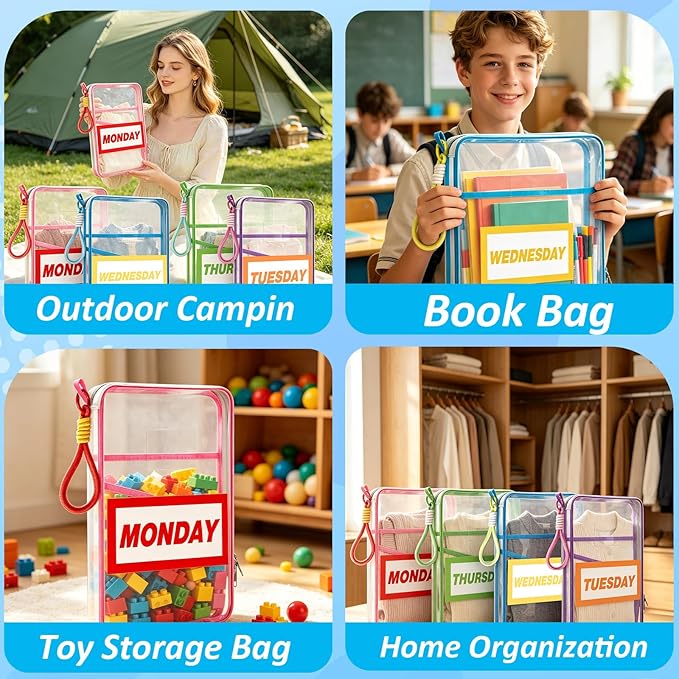 7 Pack Clear Packing Cubes for Travel Days of Week Packing Cubes with Labels Colored Lanyards Luggage Organizer Bags for Travel Summer Camping Essentials - Image 7