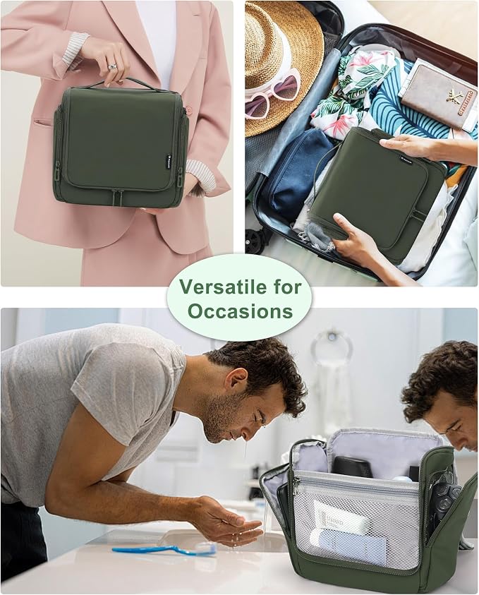 Relavel Hanging Toiletry Bag for Men and Women, Travel Toiletries Bag Water-resistant Large Makeup Cosmetic Organizer Storage, Carry-on Travel Essentials (Green, Large) - Image 8