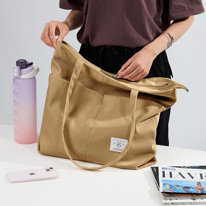KALIDI Women Corduroy Tote Bag Zipper Casual Tote's Handbag Big Capacity Shoulder Bag with Pockets - Image 3