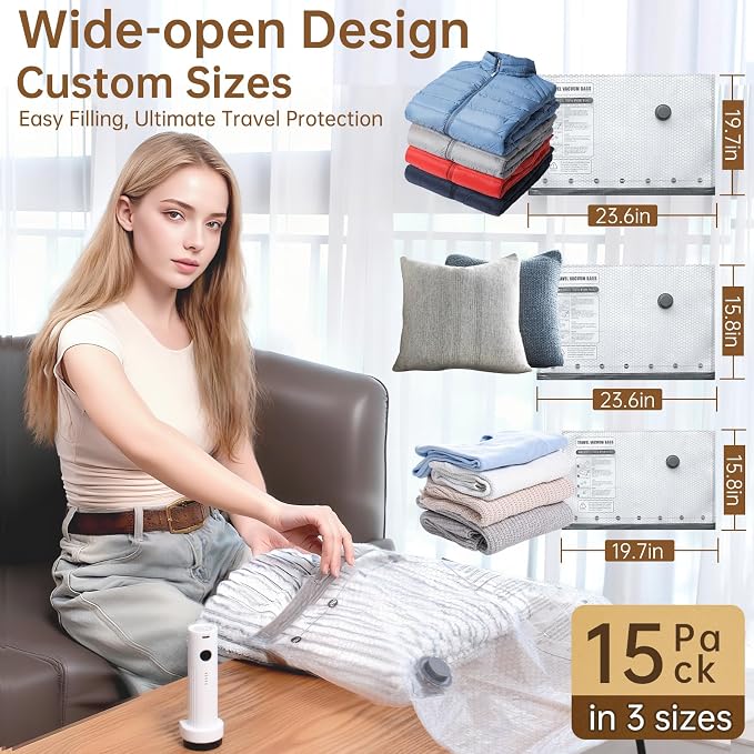 Vacuum Bags for Travel with Wireless Rechargeable Pump, 15 Pack Carry-on Size Compression Packing Seal Bags for Luggage and Suitcase, Space Saver Vacuum Storage Bags for Clothes and Clothing Travel - Image 8