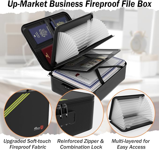 Large Fireproof Document Box with Lock,Upgraded Waterproof Fireproof Document Bag,Important Document Organizer Binder Hard Case Safe,5200℉ Fire Proof File Box,Portable for Business Travel Home - Image 4