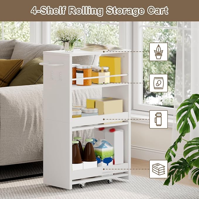 ChooChoo 4-Tier Bathroom Storage Cart, 7.87 inches Wide Narrow Storage Cabinet with 360° Wheels and 2 Hooks, Laundry Room Storage Organizer for Kitchen, Narrow Places, Living Room, White - Image 3