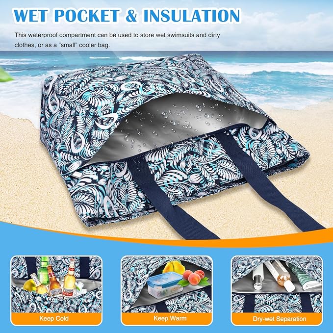 HUANLANG Large Beach Bags for Women Pool Bag with Zipper, Waterproof Sandproof Beach Tote Travel Bag with Wet Pocket - Image 6