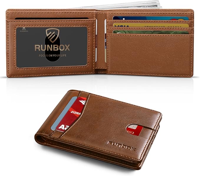 RUNBOX Wallet for Men Slim Leather Bifold RFID Blocking Minimalist Front Pocket Design with Gift Box | Minimalist Front Pocket Design, Holds 8 Cards, RFID Protection, Gifts for Men on Birthdays, Father’s Day, and Christmas by RUNBOX