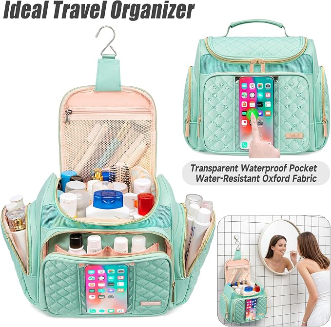 Tealari Large Toiletry Bag for Women Men,Bathroom Bag,Water Resistant Shower Bag,Makeup Bag,Portable Shower Caddy for College Dorm,Hanging Travel Toiletry Bag with Transparent Waterproof Phone Pocket - Image 2