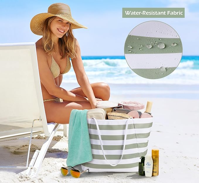 KALIDI Beach Tote Bag Women Large Waterproof Sandproof Shoulder Handbags | Foldable Grocery Bag Striped Pool Bag Lightweight Travel Purse for Picnic Travel Vacation Casual Errands Everyday Daily - Image 5
