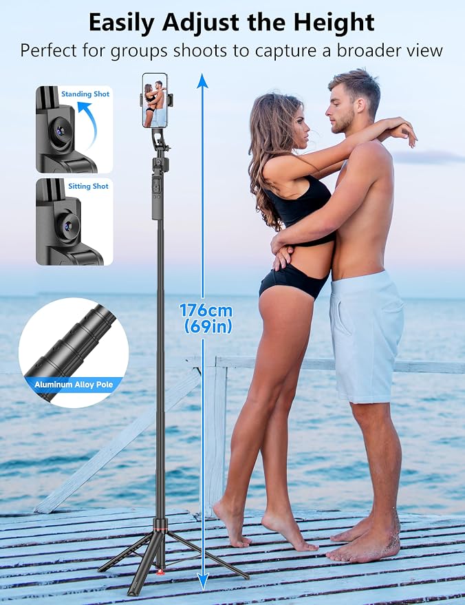 69'' Auto Face Tracking Selfie Stick Tripod Stand, Automatic Phone Tripod, Auto-Open Travel Tripods for iPhone/Cell Phone with Remote, Gesture Control, No App, Built-in AI Camera for Vlog Recording TK - Image 4