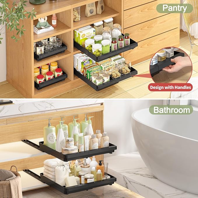 DOMNIU Pull Out Cabinet Organizers Expandable,Black,16.9"Depth,2 Pack | Slide Out Drawers for Kitchen, Bathroom, Pantry, Under Sink Storage, Fixed with Adhesive Nano Film (11.6''-17.5'') - Image 4