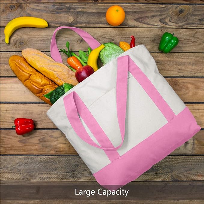 TOPDesign 3-Pack Canvas Tote Bags with an External Pocket, Reusable Grocery Shopping Bags, Top Zipper Closure, Daily Essentials (Pink/Natural) - Image 3