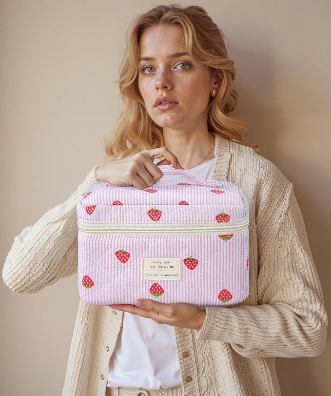 HBselect Quilted Makeup Bag, 3Pcs Cotton Large Travel Makeup Bags Organizer | Cute Floral Make up Bag Cosmetic Bag Toiletry Bag for Women Girls, Makeup Pouch for Skincare, Brushes & Travel Essentials - Image 7