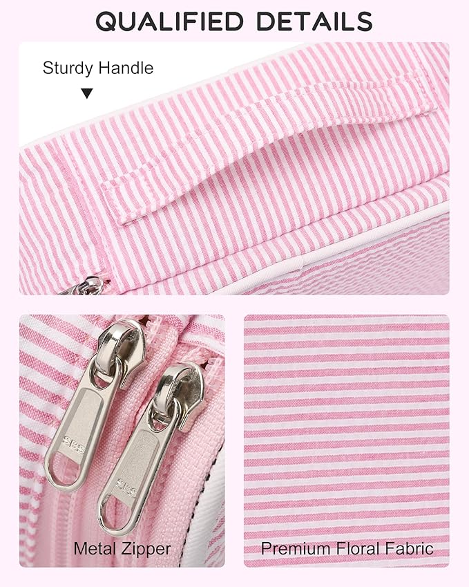 Relavel Pink Makeup Bag, Dual-Layer Cute Travel Cosmetic Bag, Pink Strip | Multi-Functional Small Toiletry Organizer with Make Up Brush Compartment, Travel Bag for Preppy Accessories for Daily Use - Image 4