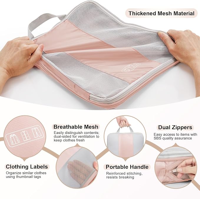 OlarHike 2 Set Compression Packing Cubes for Travel Essentials,Compressible Expandable Space Saver Bags for Organizing Clothes,Luggage Suitcase Garment Bags with Over 1000 pcs Mesh Holes(Beige) - Image 4