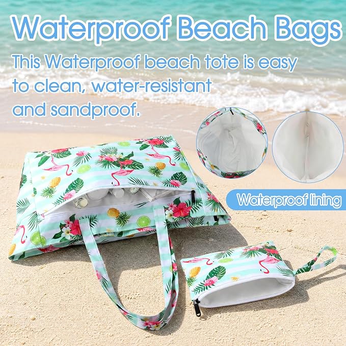 JATEBI Beach Bag with Makeup Pouch for Women | Waterproof Pool Tote Bags with Wet Compartment for Swim Shopping Travel, Zipper, Wet Compartment, 5 Pockets - Image 4