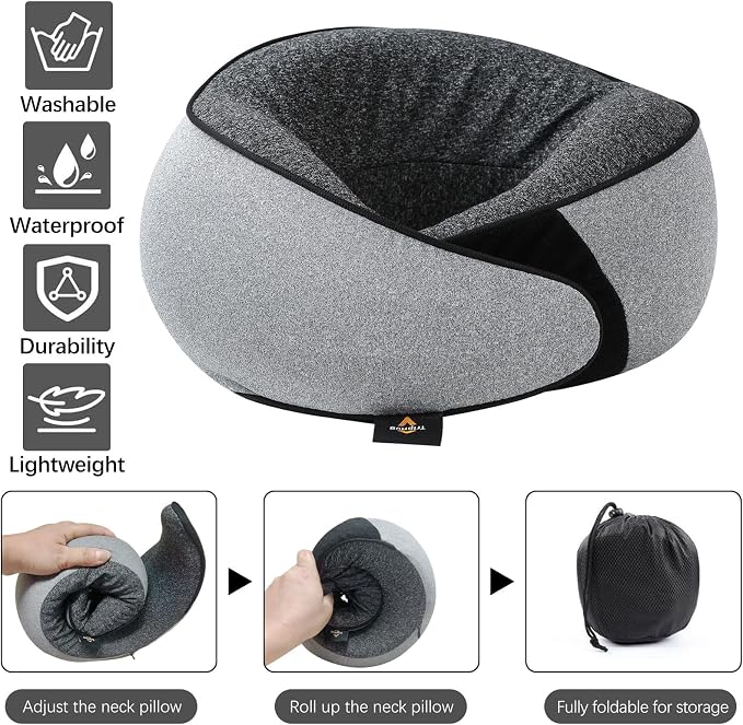 Memory Foam Neck Pillow | Travel Neck Pillow，Ergonomic U-Shaped Travel Pillow with Neck Support, Breathable & Washable Cover, Includes Storage Bag–Ideal for Office, Car, Plane, Bus, Grey - Image 2