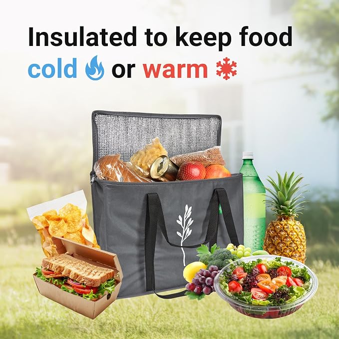 Green Bulldog 2Pack Insulated Grocery Bags – Foldable Reusable Cooler Bags with Handles for Everyday Use, Groceries, Food Delivery, and Shopping – 16”x9”x13”, Gray - Image 2