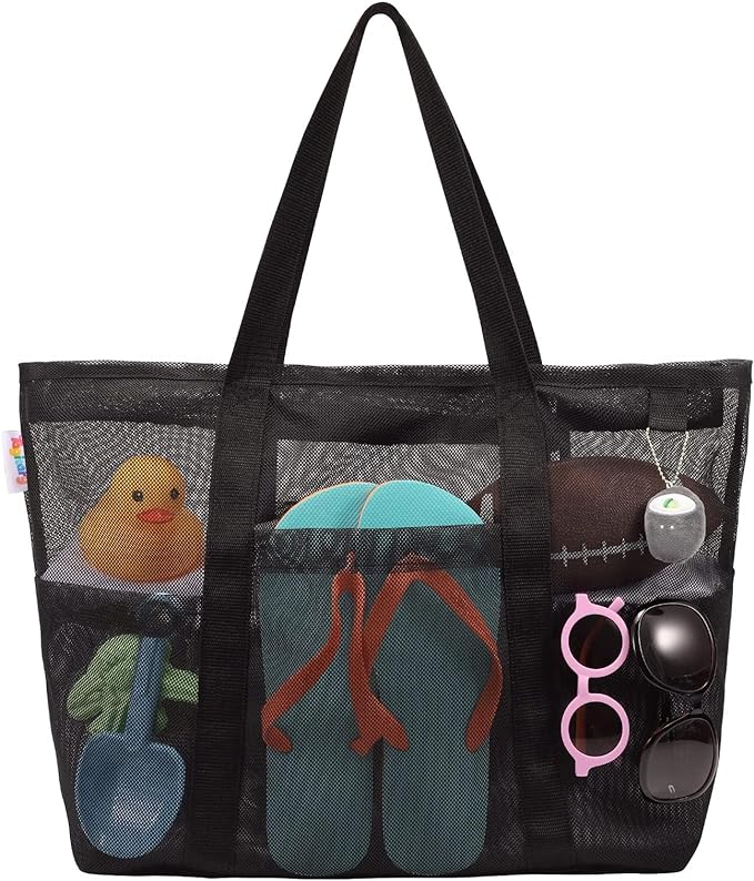 Tagitary Mesh Beach Bag with Zipper Large Beach Tote Waterproof Sandproof with 8 Pockets for Toys Pool Bag Beach Accessories by Tagitary