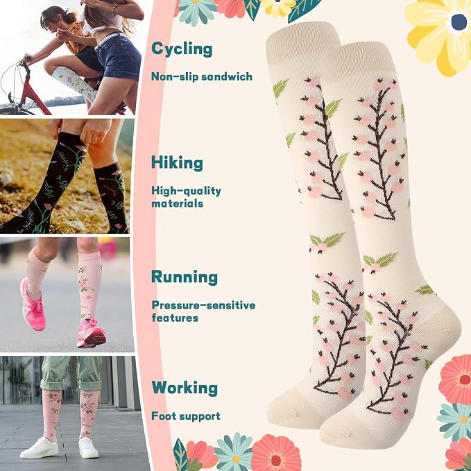 6 Pairs Compression Socks for Women Men, Wide Calf | Knee High Compression Socks, Graduated 14.5 - 30.9 mmHg Support, Women Nurses Travel Yoga Running Circulation - Image 3