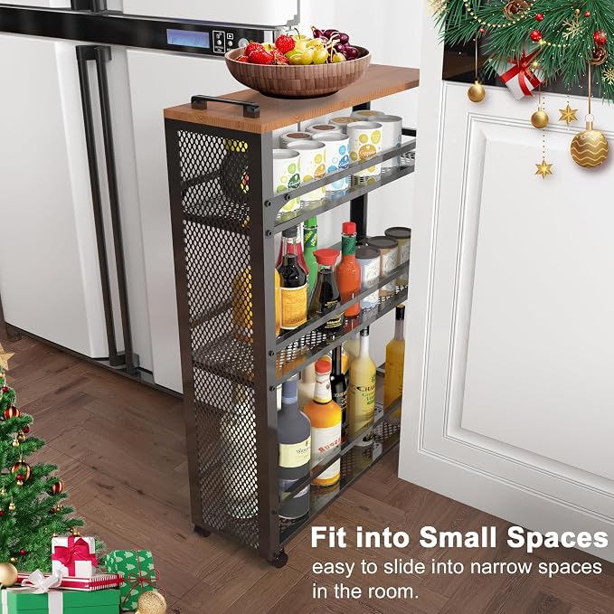 3-Tier Rolling Cart Slim - Black Laundry Bathroom Kitchen | Steel Frame, Mesh Baskets, for Small Spaces, 110 lb Capacity, 4 Wheels 2 Lockable, Utility Storage Snack Coffee Craft - Image 2