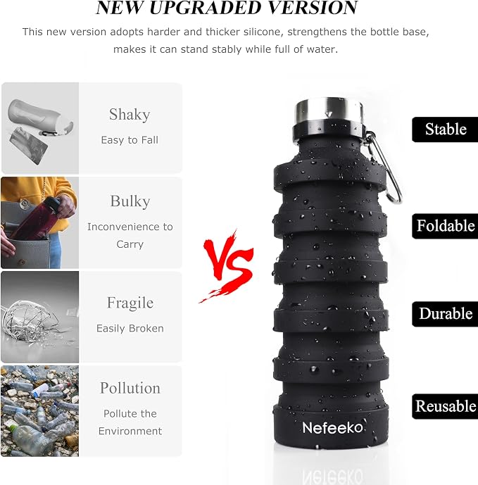 Nefeeko Collapsible Water Bottle, 27oz Reuseable BPA Free Silicone Foldable Water Bottles for Travel Gym Camping Hiking, Portable Leak Proof Sports Water Bottle with Carabiner | Foldable Water Bottles for Travel Gym Camping Hiking, Portable Leak Proof ... - Image 2