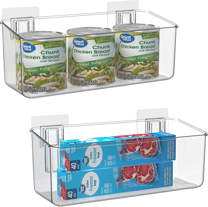 2 Pack Plastic Adhesive Mount Over Cabinet Door Organizer, Wall Organization Container Makeup Organizer Hanging Basket Bins for Kitchen, Pantry, Craft Room, Office, Space Saving Holder by vacane