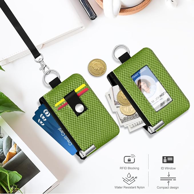 Minimalist RFID Blocking Small Wallet with ID Window,WaterResistant Zip Id Case Wallet with Lanyard Keychain for Cards,Cash,Travel,Women,Men (Olive Green) - Image 8