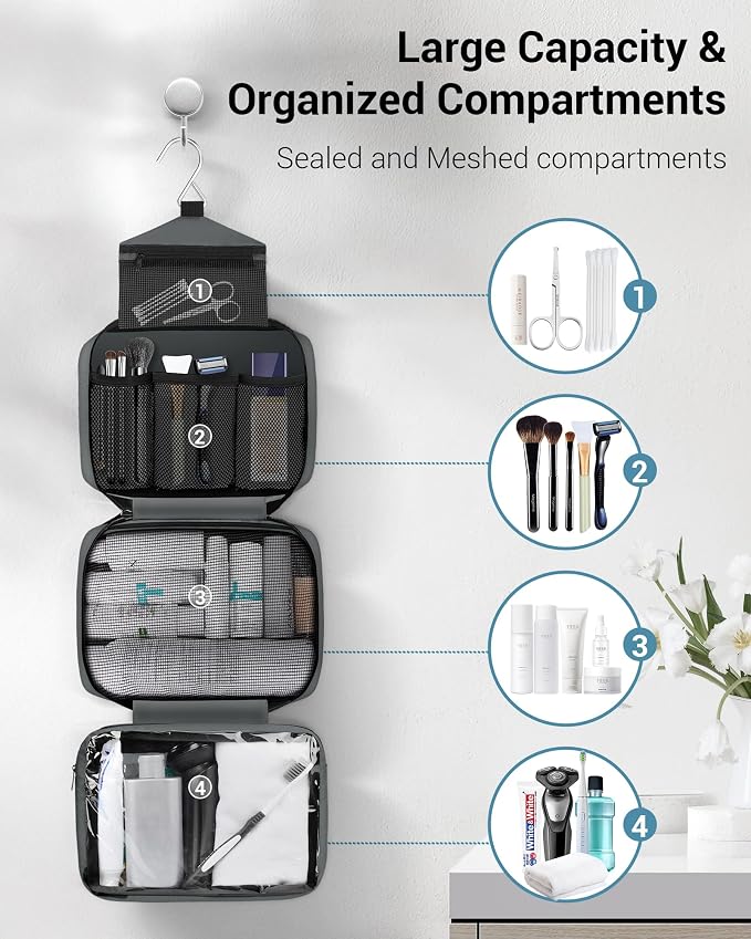 Maliton Toiletry Bag for Men & Women Travel Toiletry Bag Hanging Toiletry Bag Hygiene Organizer with 4 Compartments Waterproof Bathroom Shower Bag Large Toiletries Travel Bag (Gray) - Image 2