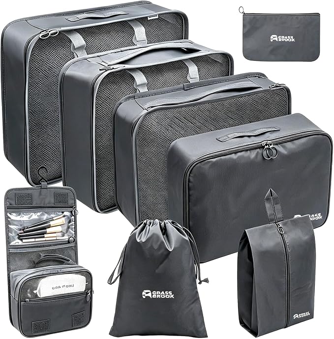 8 Set Packing Cubes for Travel Essentials With Hanging Toiletry Bag for Women, Lightweight Suitcase Organizer Bags with Mackup bag, Carry-On Luggage Accessories (Gray) by GRASSBROOK