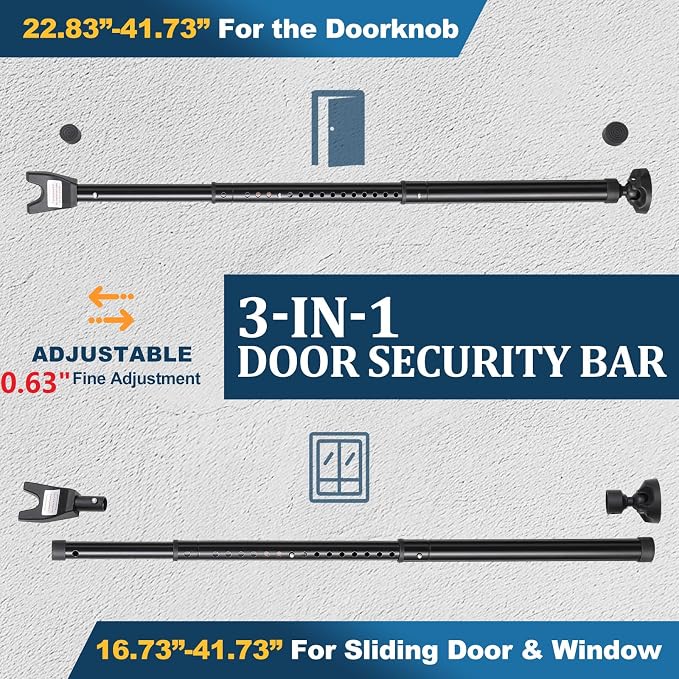 3-in-1 Door Security Bar, Heavy-Duty Metal Rod Sliding Patio Door Security Bar with 2.8" Non-Slip Base, 16"-41.7" Adjustable Door Barricade Security Bars for Doors & Windows,Home,Renters,Apartments - Image 7