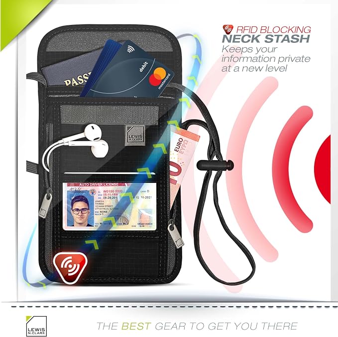 Lewis N. Clark RFID Blocking Stash Neck Wallet, Travel Pouch + Passport Holder for Women & Men, Black - Image 3