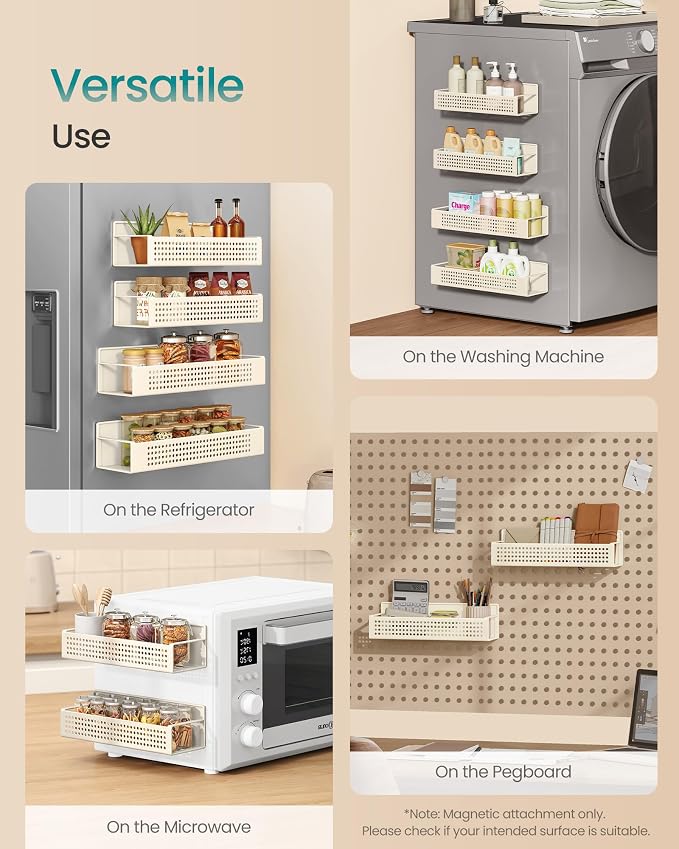 SONGMICS Strong 4 Pack Magnetic Spice Rack for Refrigerator for Organizers | Shelves for Microwave, Washing Machine, 2 Large and 2 Small, Cream White, BEQUE Collection UKCS061W01 - Image 5