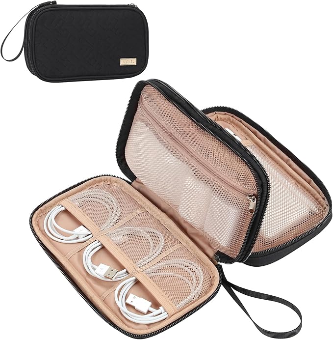 NISHEL Travel Cord Organizer Case, Double Layers Tech Electronic Bag, Essentials for Charger, Cable, Phone, Flash drive, Medium, Black | Double-layer bag keeps chargers, cables, flash drive, and small tech essentials organized for trip, Medium, Black by NISHEL