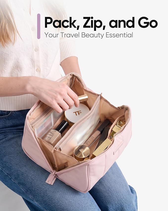 NISHEL Travel Makeup Bag for women, Organizer Pouch Cosmetic Case | Open-flat design keeps cosmetics, brushes, and beauty tools organized for travel and daily routines, Medium, Pink - Image 4