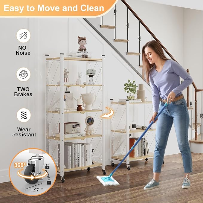 5-Tier Foldable Storage Shelves with Wheels Wood Grain Transfer | Portable Structure, Suitable For Kitchen, Bedroom, Living Room, Bathroom, Garage, 59*26*13in - Image 4