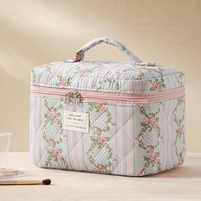 HBselect Quilted Makeup Bag, 3Pcs Cotton Large Travel Makeup Bags Organizer | Cute Floral Make up Bag Cosmetic Bag Toiletry Bag for Women Girls, Makeup Pouch for Skincare, Brushes & Travel Essentials - Image 5