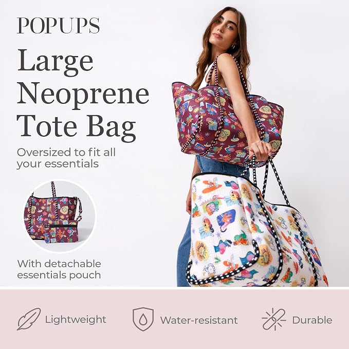 POPUPS Large Neoprene Tote Bag for Women - Everyday Designer Handbag for Travel Work and Beach with Pockets and Zipper Pouch - Image 2