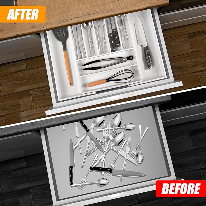 Bellsal Large Premium Bamboo Silverware Organizer - Expandable Utensil Drawer Organizer - 17"x19.6" Utensil Holder and Cutlery Tray with Grooved for Kitchen Flatware and Utensils(7-9 Slot, White) - Image 3