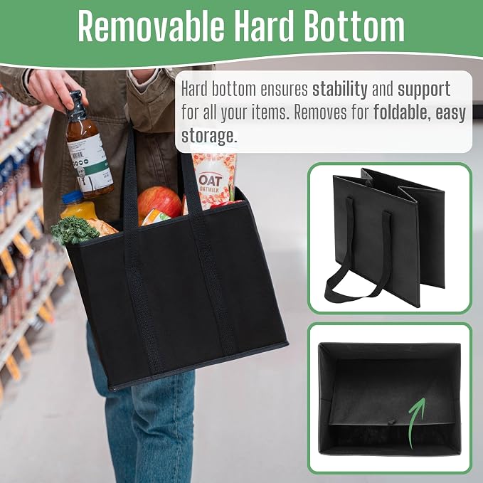 VENO 3 Pack Reusable Grocery Shopping Bags Utility Tote w/Sturdy Handles | Heavy Duty Storage Box with Hard Bottom, Foldable Picnic Basket for Groceries Shopping Cart Trunk Organizer(Black, 6 Gallon) - Image 4