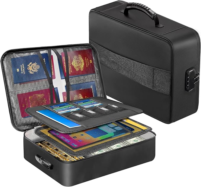 Fireproof Document Organizer Box with Lock for Important Documents | 8 Layers File Organizer, 5200°F Fire & Water-Resistant, Portable Home Travel Safe Storage, 15"x11"x4.1", Black, Soft by Unknown
