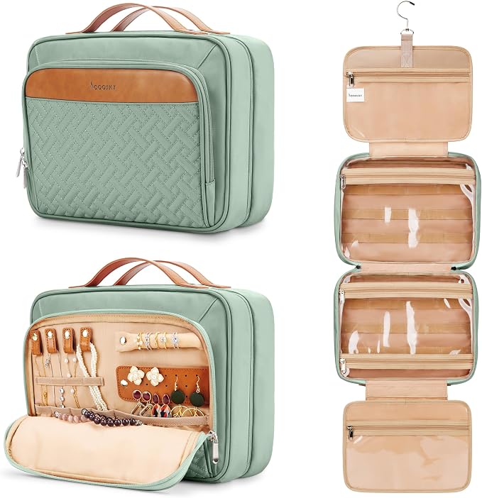 Travel Hanging Toiletry Bag for Women, Cruise Ship Essentials, with Jewelry Organizer, Extra Large Makeup Dopp Kit, Waterproof Cosmetic Bags, Toiletries Kit Set with Trolley Belt, Green by COOSKY