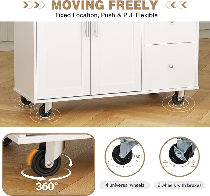 Shintenchi Kitchen Island with Folding Drop Leaf, Rolling Island Table with Storage, Kitchen Cabinet on Wheels with Seating Area for Kitchen, Bar Cart with Cabinet, White - Image 5