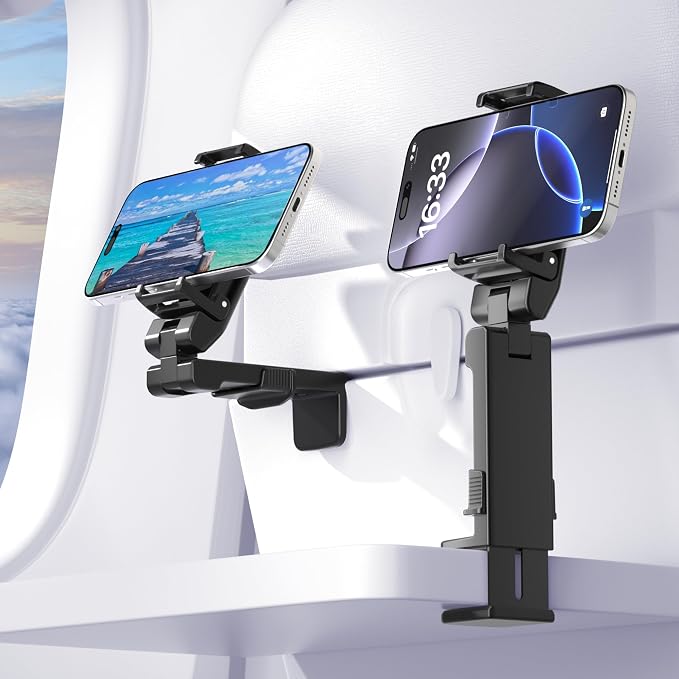 Perilogics Gen 2 Airplane Phone Holder Mount, Travel Essential Phone Stand | Upgraded Silent Hinge, 360° Adjustable, Compact Size, Wider Clamp Fits iPhone, Android & Gaming Devices by Perilogics
