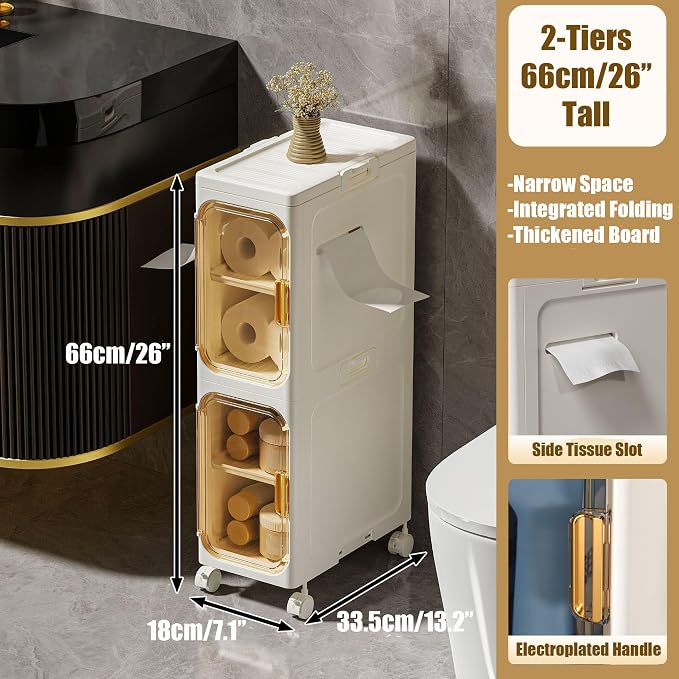 Slim Bathroom Storage Cabinet, Foldable & Movable Narrow Storage Organizer for Small Spaces, Bathroom, Kitchen, Laundry Room, Living Room (2-Tier) - Image 3