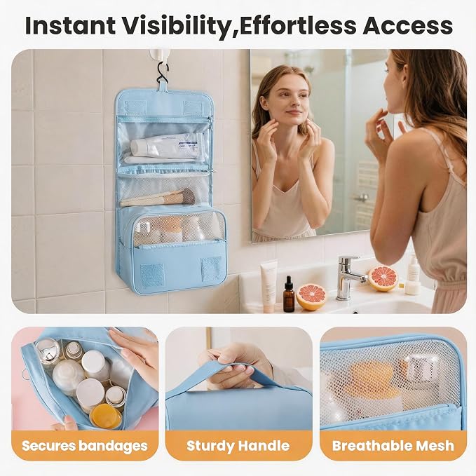 Portable Hanging Toiletry Bag for Travel, Small Multifunctional Makeup Cosmetic Bag for Women, Waterproof Travel Toiletries Organizer, Shower Bathroom Pouch with Hook for Gym, Camping, Business Trips - Image 3