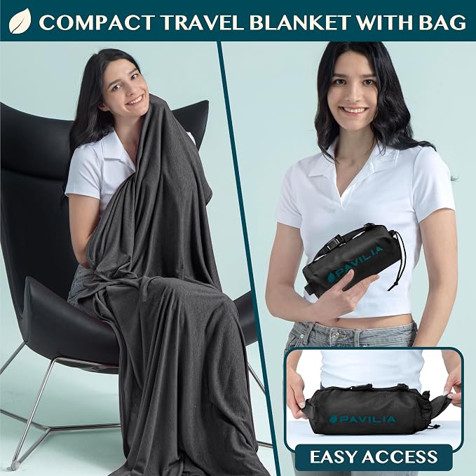 PAVILIA Travel Blanket Airplane Compact with Bag Lightweight, Black | Soft Fleece Plane Long Flights, Camping Road Trips, Packable Traveler Gift Essentials with Luggage Backpack Strap, 65x40 - Image 2