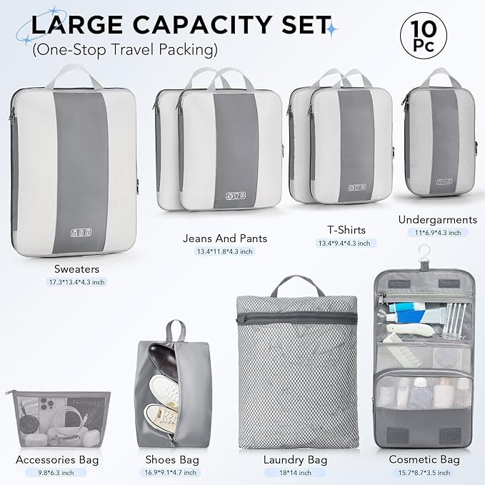 OlarHike 10 Set Compression Packing Cubes for Travel Essentials,Compressible Expandable Space Saver Bags for Organizing Clothes,Luggage Suitcase Garment Bags with Over 1000 pcs Mesh Holes(Gray) - Image 2