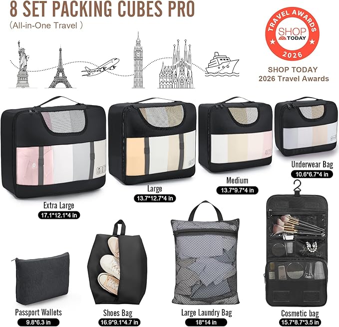 Veken 10 Set/8 Set Packing Cubes for Travel Essentials,Anti-Wrinkle Buckled Suitcase Organizer for Shoe & Toiletry Bag,Carry On Luggage Bag for Airplane & College Dorm Room Accessories,Women Men Gifts - Image 2