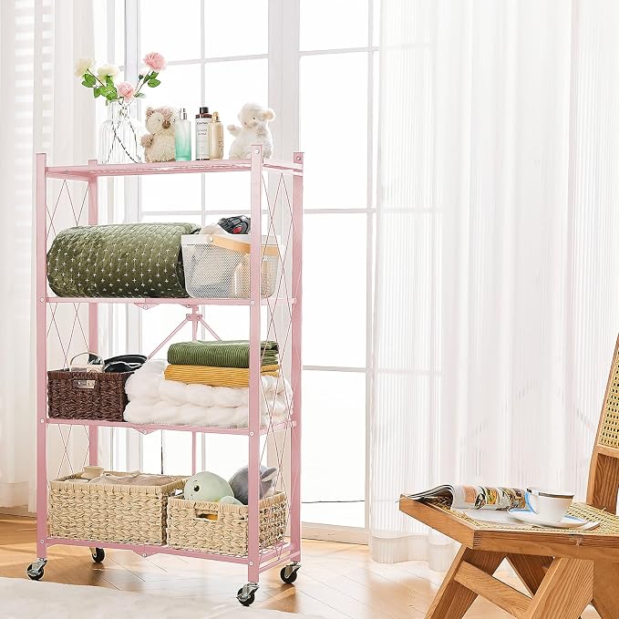 BRIAN & DANY 4-Tier Foldable Storage Shelves with Wheels, Folding Metal Rack Shelving Unit, Heavy Duty No Assembly Organizer Shelf for Garage, Kitchen, Basement, Pantry, Pink - Image 8