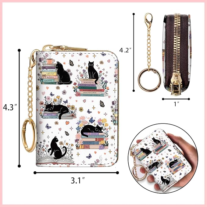 Blusabaca RFID Credit Card Holder Small Women Travel Wallet, Cute Black Cat | Removable Keychain, Case with Zipper, Vegan PU Leather, Cash Coin Pocket, Business Accordion Purse, Ladies Female Gift - Image 6