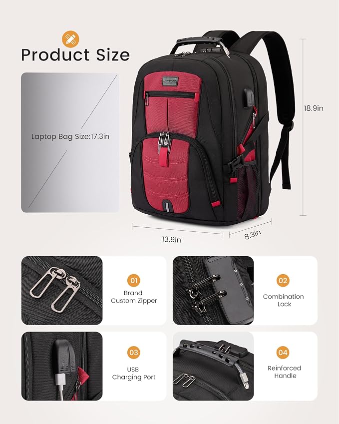 LOVEVOOK Large Laptop Backpack for Men,17.3Inch Heavy Duty Travel Backpack | TSA-Friendly with Anti-Theft,Carry On Flight Approved,College Work Bookbag,Water Resistant Business Backpack for Men Women - Image 4
